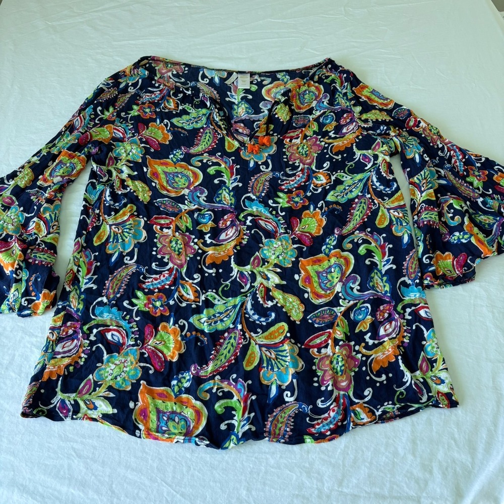 Anne Cole Womens Navy Blue Paisley Floral Bell Sleeve Peasant Blouse‎ Top 16W